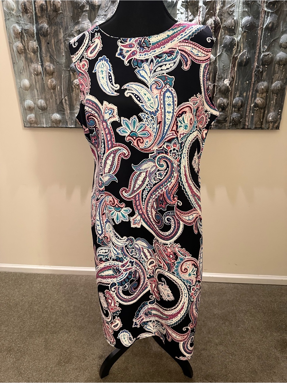 ⭐️ Shelby & Palmer 16 Black Paisley Midi Dress with Pink and Teal Accents